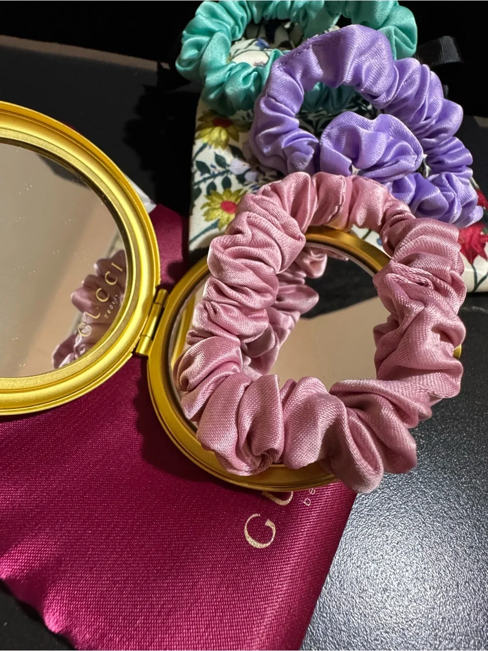 GUCCI Floral Compact Mirror & Silk Scrunchie Set - Pink, Purple, Teal GWP